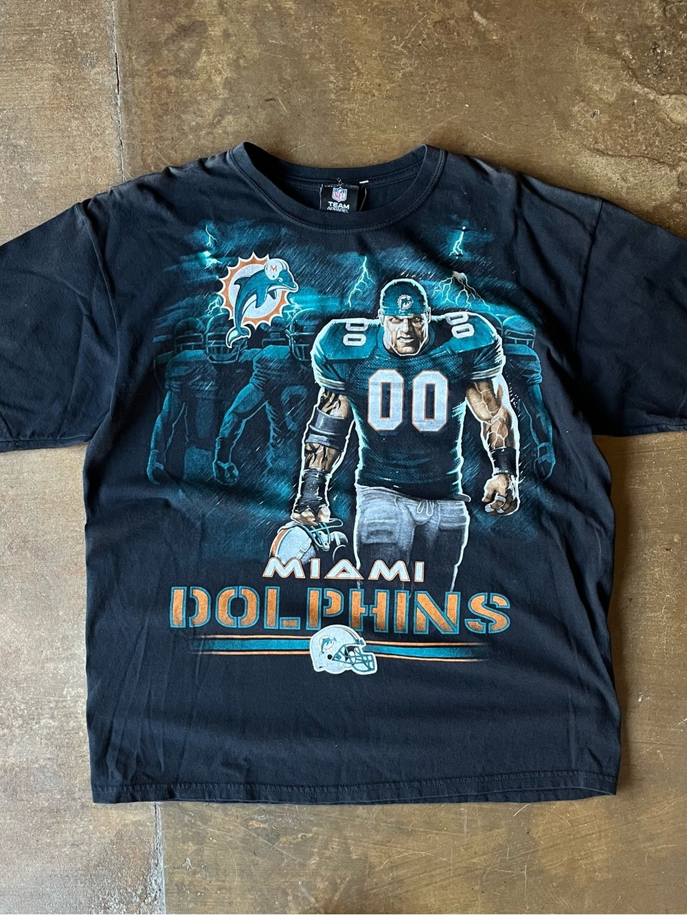 Miami Dolphins Y2K Black Short Sleeve Grunge Print Football Graphic T-Shirt XL